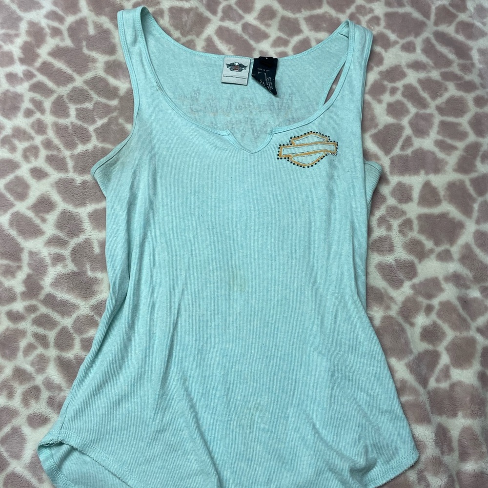 Vintage Harley Davidson Women's Light Blue Tank Top